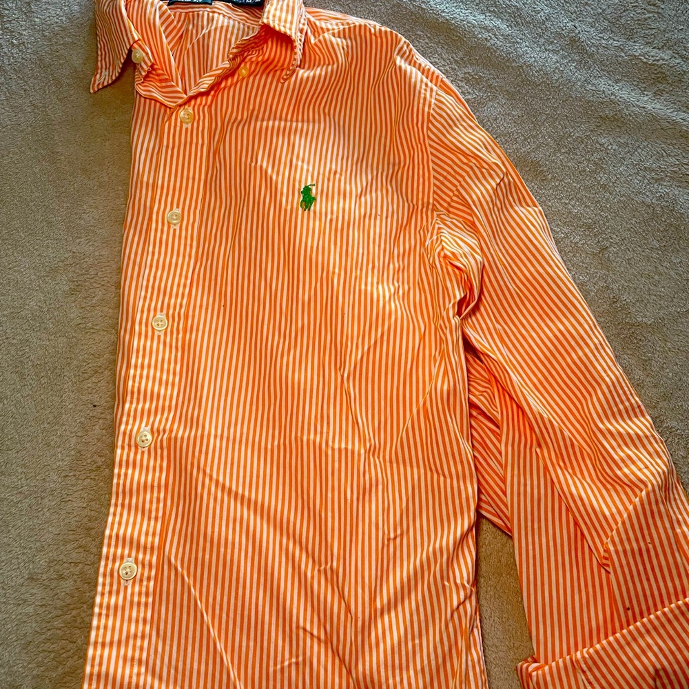 Ralph Lauren Mens Orange Striped Collared Button-down Shirt